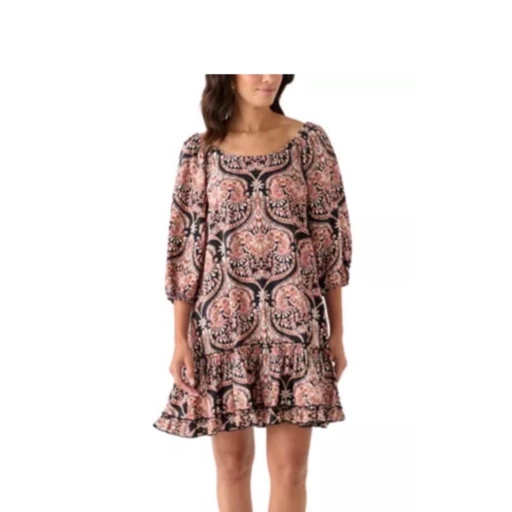 Robbie Bee Pink Black Paisley Damask Ruffle Mini Dress 3/4 Sleeve Womens Medium